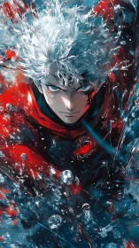 Silver haired warrior bursts through cascading water in red armor.