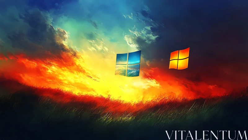 Windows logos hover above blazing digital sunset field.