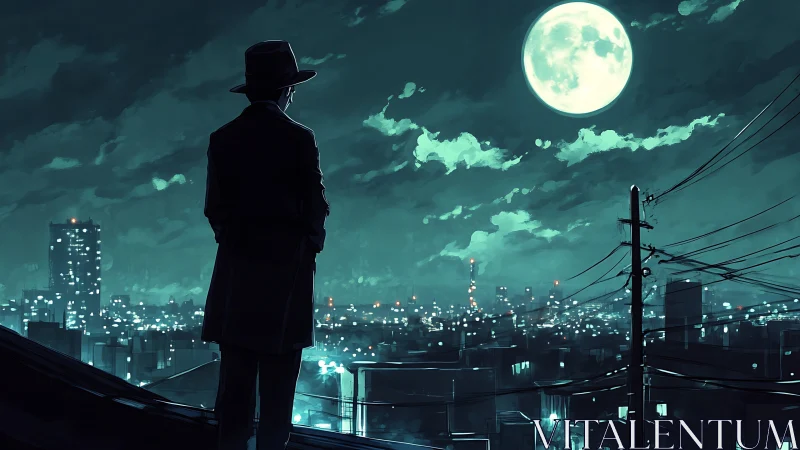 Man in coat overlooking moonlit city skyline at night.