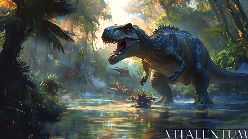 Primeval predator roaring in misty Jurassic river basin.