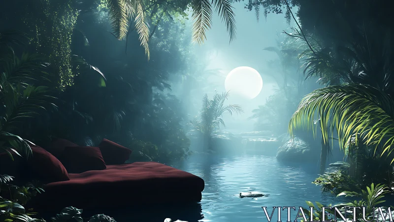 Lunar-illuminated jungle lagoon with upholstered platform bed.