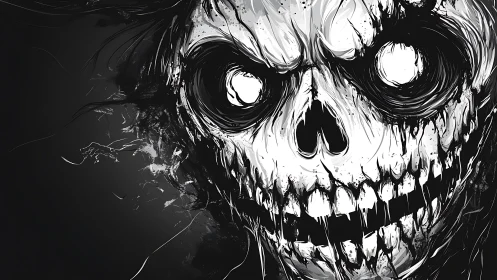 High-contrast monochrome skull rendered with chaotic ink-like strokes