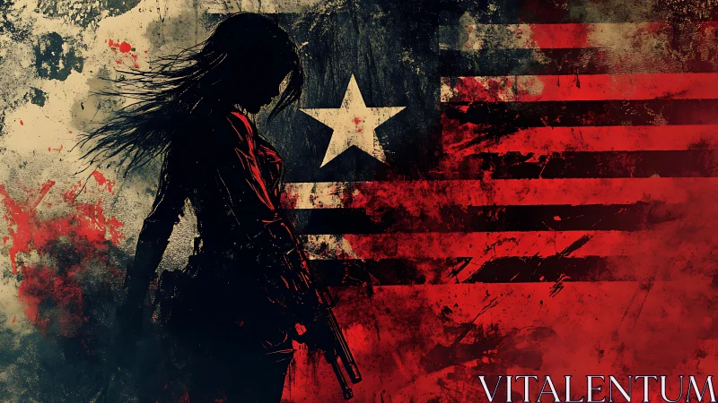 Silhouetted armed woman against distressed single-star flag field