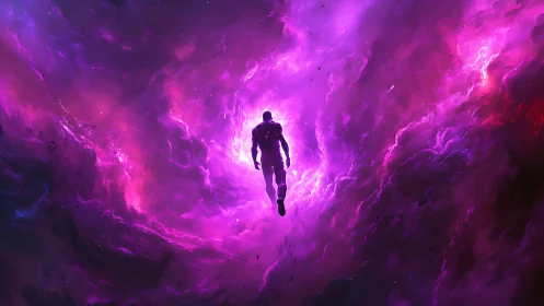 Cosmic silhouette ascends through radiant violet nebula.