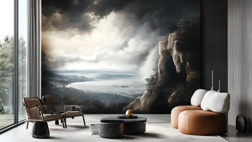 Stormlit cliff mural gazing over misty river valley calm.