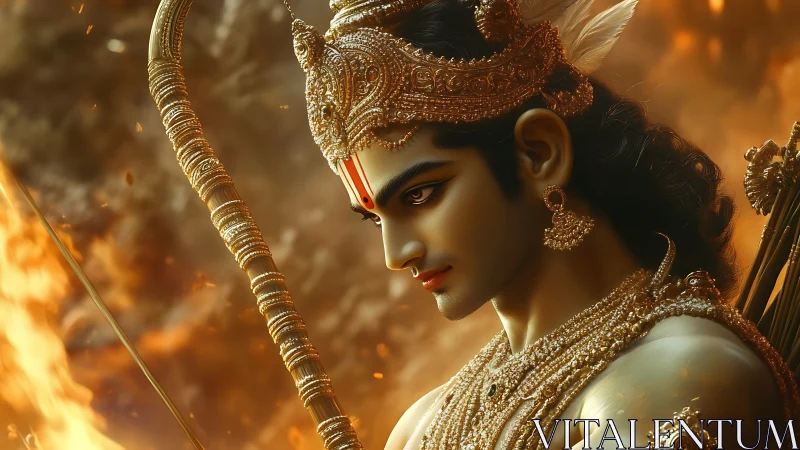 Mythic archer in ornate gold armor against fiery backdrop.