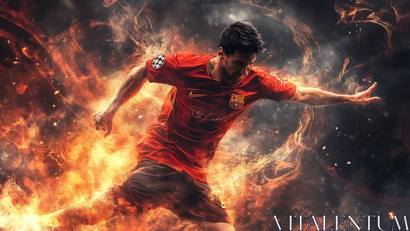 Dynamic digital art of fiery soccer forward in motion.