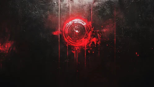 Crimson circular glyph brushed over distressed black field.