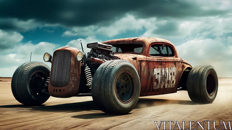 Rusty desert hot rod roaring under gathering storm clouds.