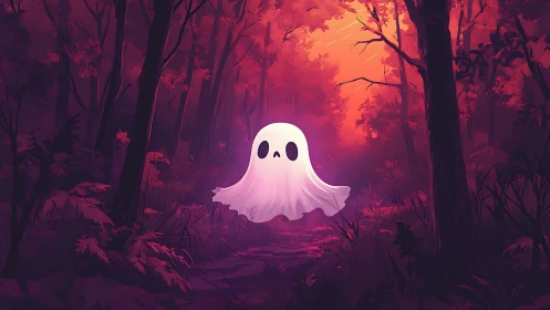 Cute ghost drifting through glowing neon forest path.