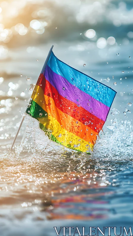 Vibrant rainbow flag splashes through sunlit ocean water