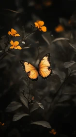 Orange butterfly hovers among blooms in low-key macro lighting