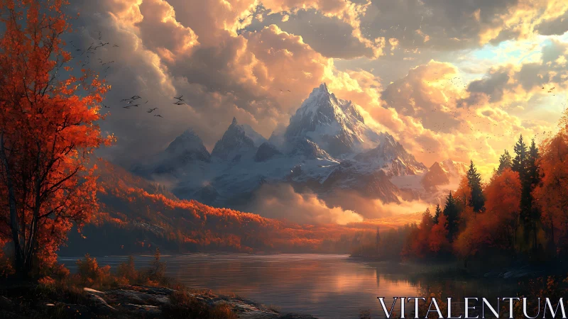 Digital painting of autumn alpine lake under dramatic sky.
