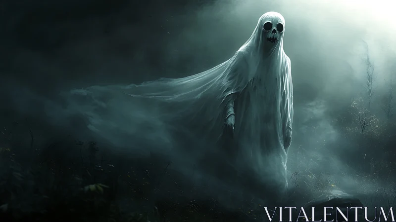 Ghostly figure drifts through dark foggy forest at night