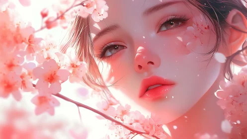 Ethereal girl gazes through soft pink cherry blossoms