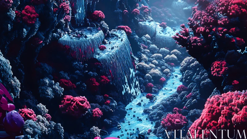 Bioluminescent Coral Canyon with Cascading Waterfalls and Vivid Pink Formations