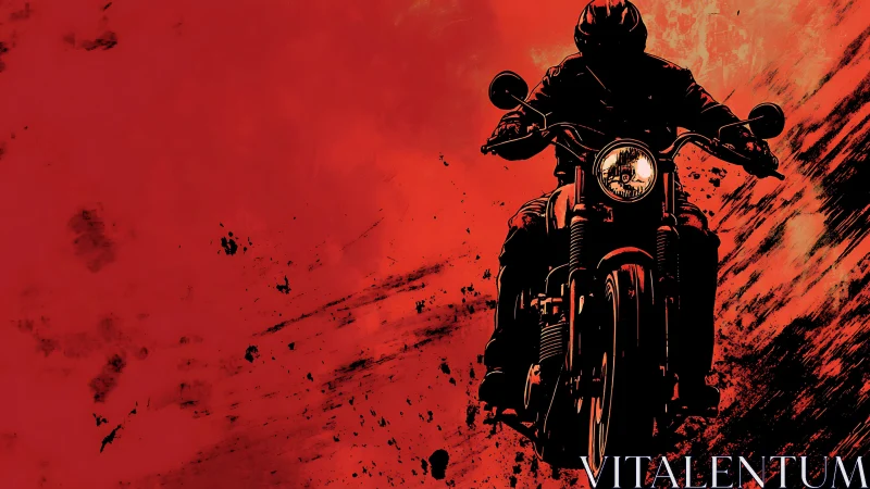 Motorcyclist silhouette cutting through dynamic red grit field.