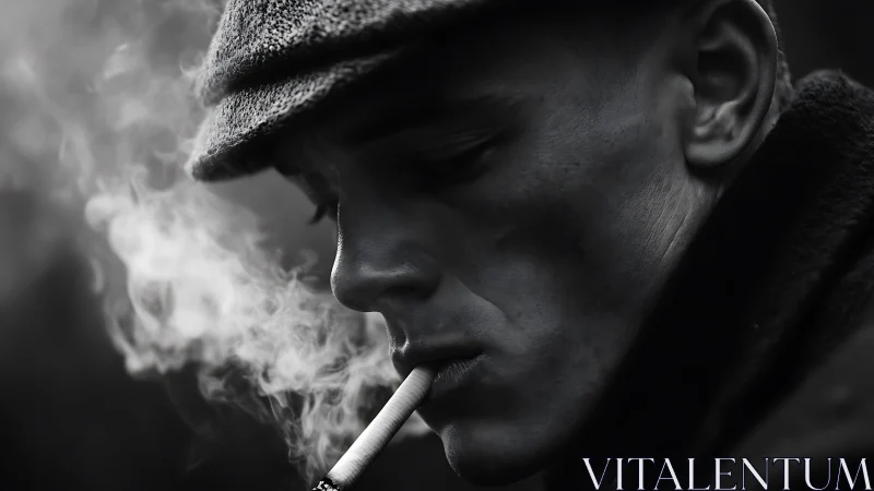 Smoke veils and shadows crown a brooding street poet.