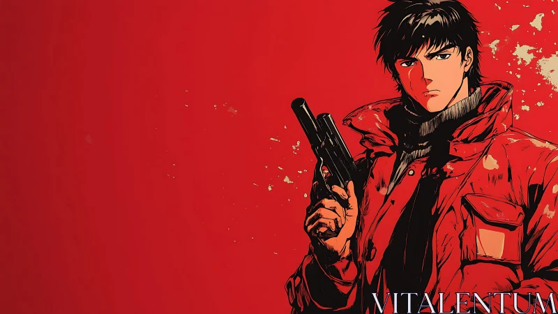 Brooding anime hero in red coat against bold crimson wall.