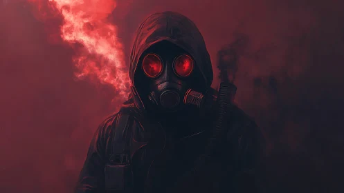 Hooded gas-mask figure stands in red particulate haze atmosphere