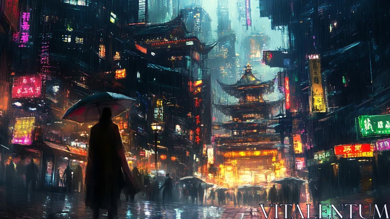 Neon drenched cyberpunk alley with pagoda core and rainfall