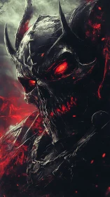 Fierce fiery demon knight glowing in shadowy crimson armor.