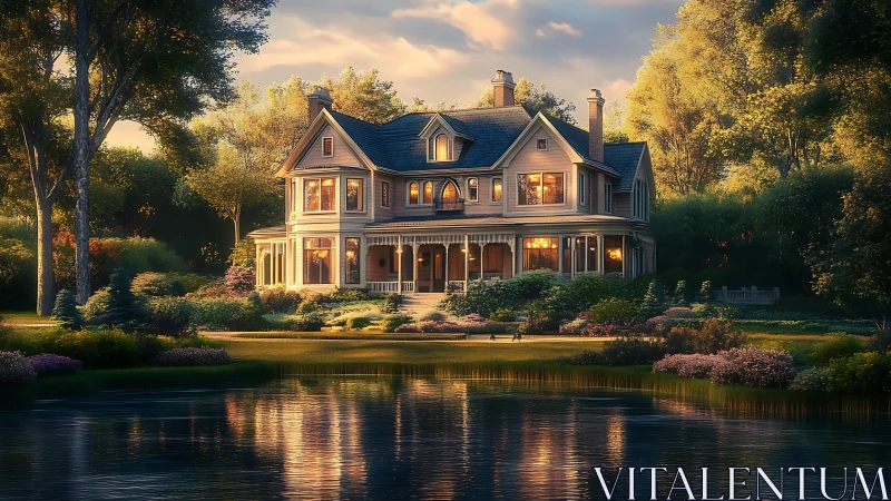 Victorian lakeside villa glows under warm sunset light.