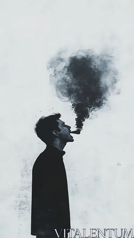 Silhouette profile exhaling dark smoke into empty space.