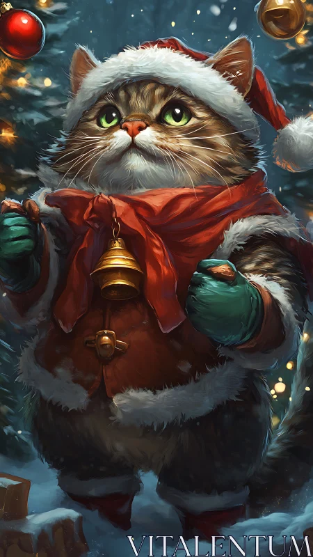 Christmas cat in Santa outfit stands under snowy tree