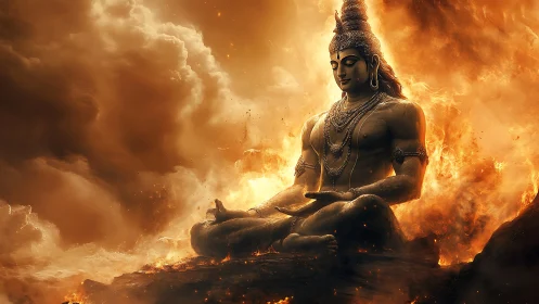 Meditating deity sits in blazing golden cosmic firestorm.