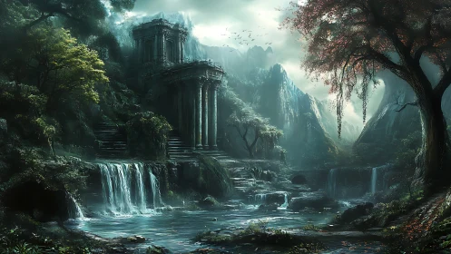 Mystic ruins beside waterfalls in lush fantasy valley.