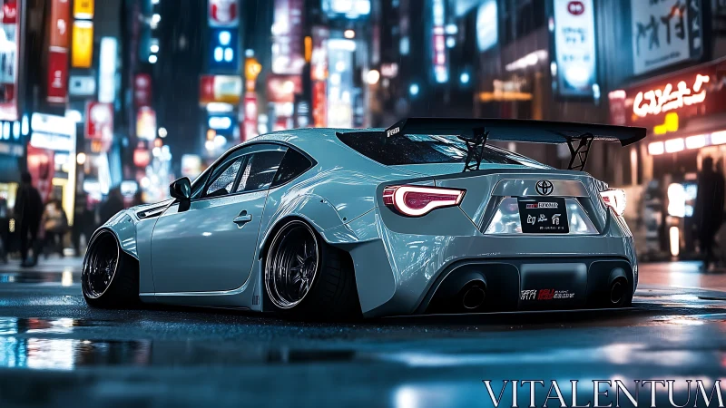 Widebody tuner coupe cuts neon city rain reflections.