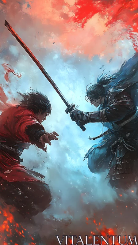 Samurai duel amid red and blue swirling energy clouds.