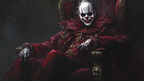 Grotesque clown monarch seated on baroque throne in shadow
