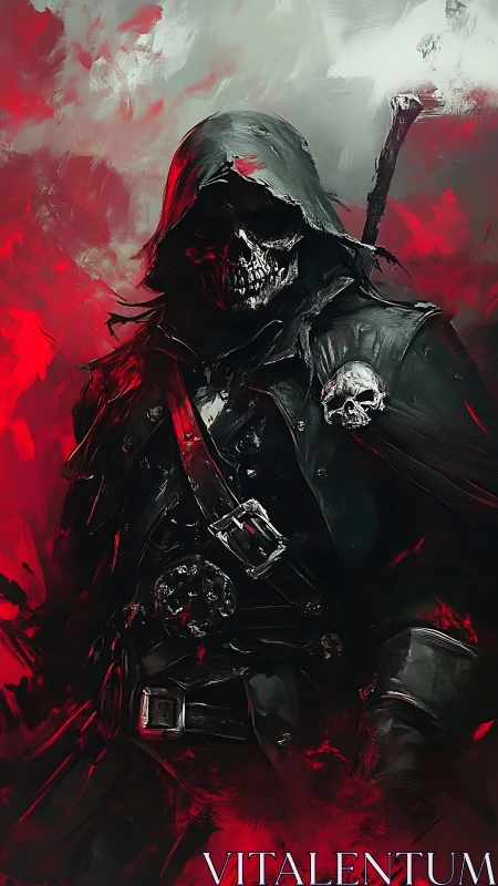 Hooded skull wanderer in a storm of red shadows.