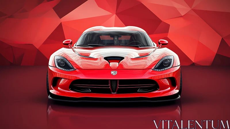 Red sports coupe front view against faceted red backdrop.