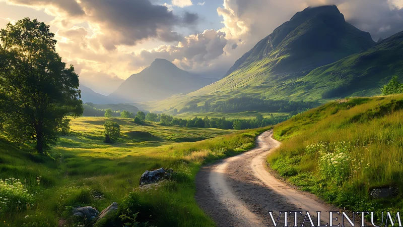 Mountain valley landscape with dirt road at low sun angle.