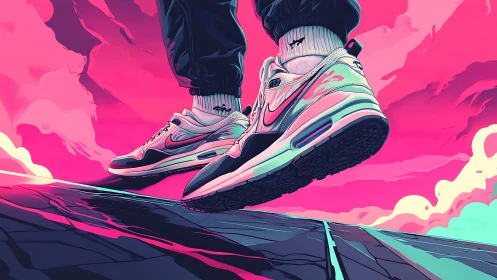 Neon sneakers stride boldly across a candy storm sky