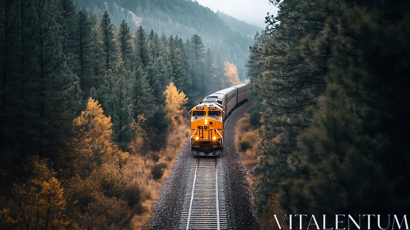 Golden train winds gently through misty evergreen forest