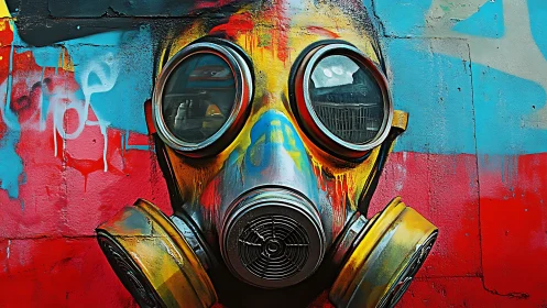 Graffiti gas mask mural bursts with bold neon color contrasts.