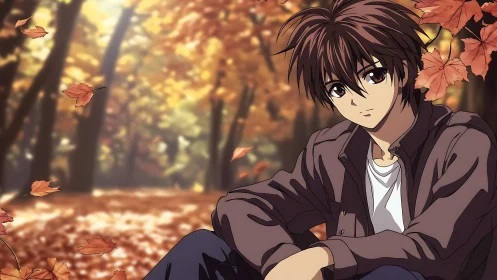 Pensive anime boy rests quietly beneath warm autumn leaves