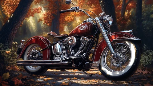 Vintage red motorcycle rests in a warm, golden autumn forest