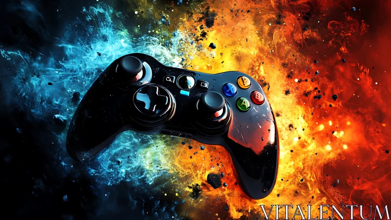 High-gloss gamepad suspended between dual-color explosive energy fields