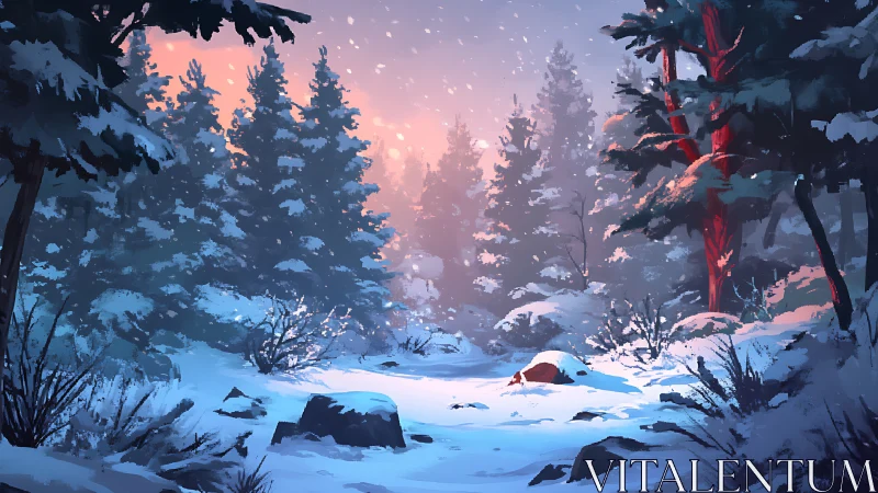 Sunset Over Winter Forest with Snow-Covered Pines.