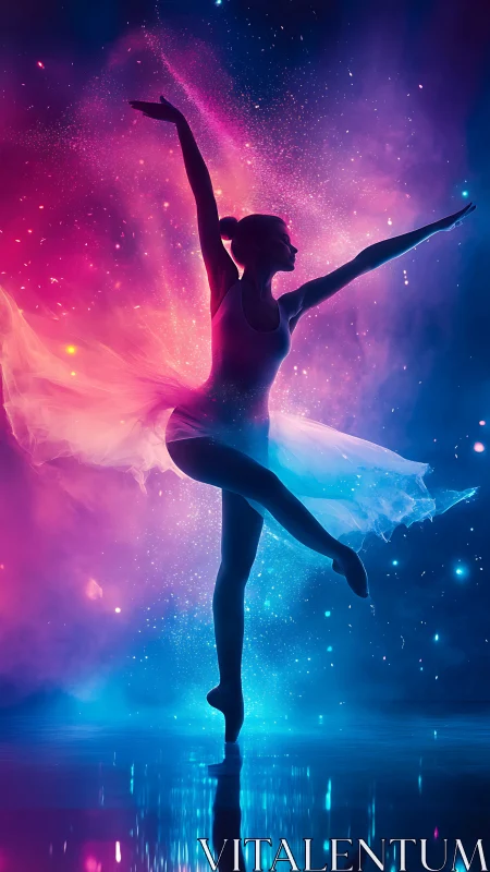 Celestial ballerina poised in neon cosmic lightscape.