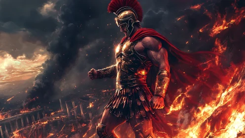 Ember crowned warlord striding through a fallen empire.