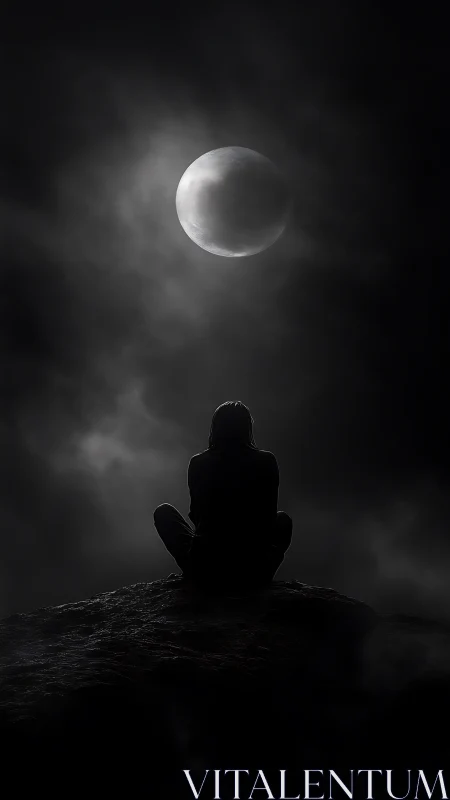 Solitary figure contemplates a moonlit sky in heavy darkness.