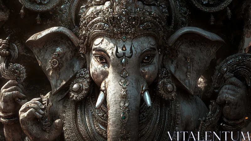 Intricate elephant-headed deity sculpture with ornate adornment.