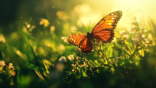 Sunlit monarch butterfly hovering in glowing meadow haze.