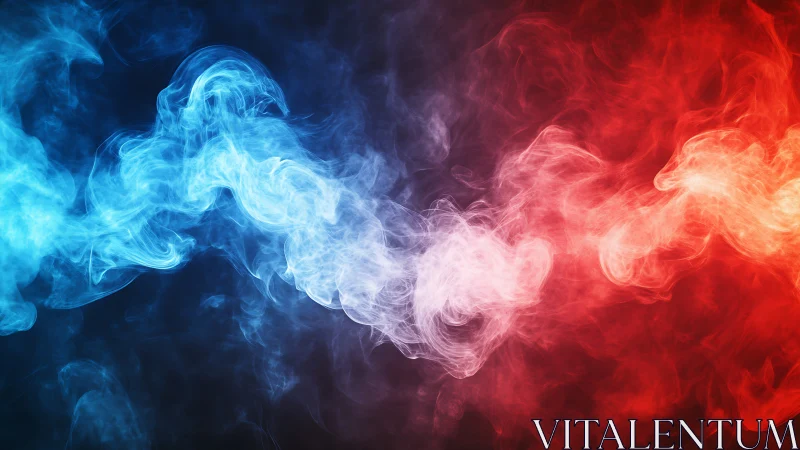 Graceful dance of blue and red smoke meeting in misty light.